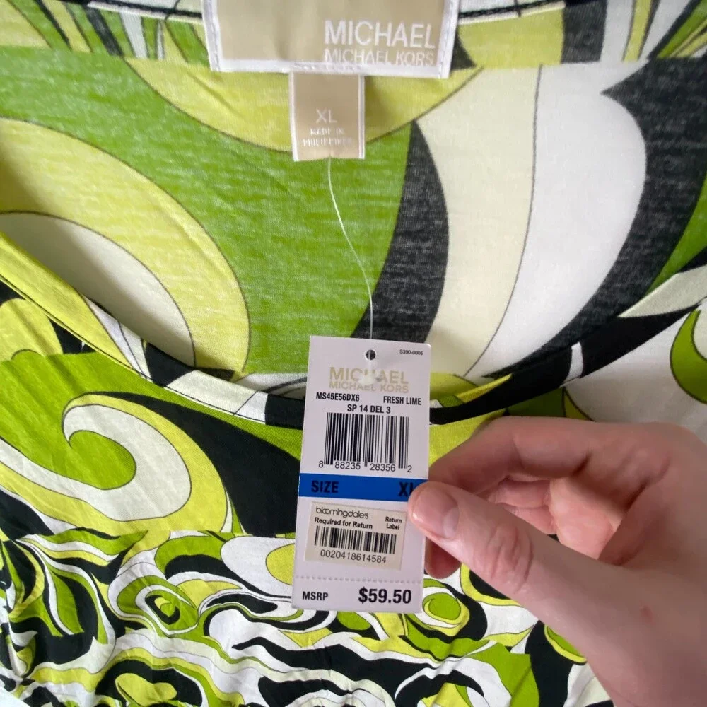 Michael Kors Lime White Black Pattern Women's Spring Round Neck Top MS45E56DX6